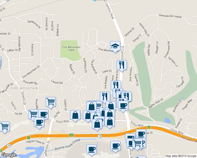 map of restaurants, bars, coffee shops, grocery stores, and more near 2136 Via Esmarca in Oceanside