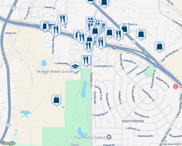 map of restaurants, bars, coffee shops, grocery stores, and more near in Denton