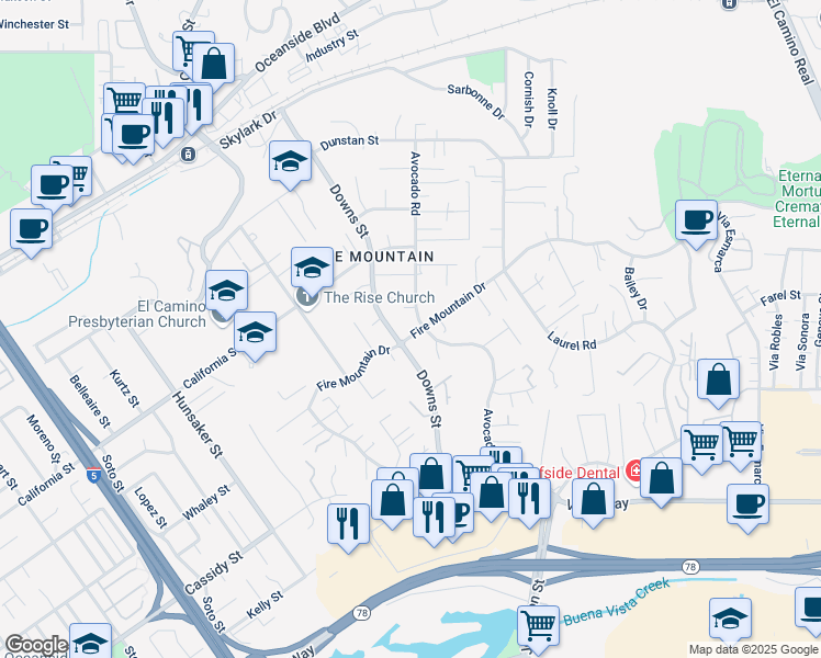map of restaurants, bars, coffee shops, grocery stores, and more near 2180 Fire Mountain Drive in Oceanside