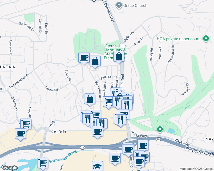 map of restaurants, bars, coffee shops, grocery stores, and more near 2130 Via Robles in Oceanside