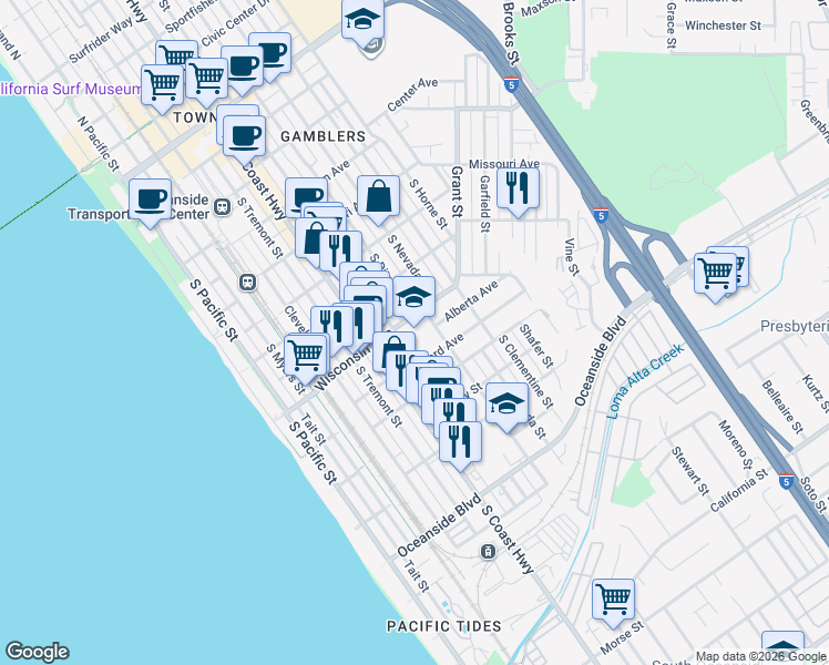 map of restaurants, bars, coffee shops, grocery stores, and more near 515 Wisconsin Avenue in Oceanside