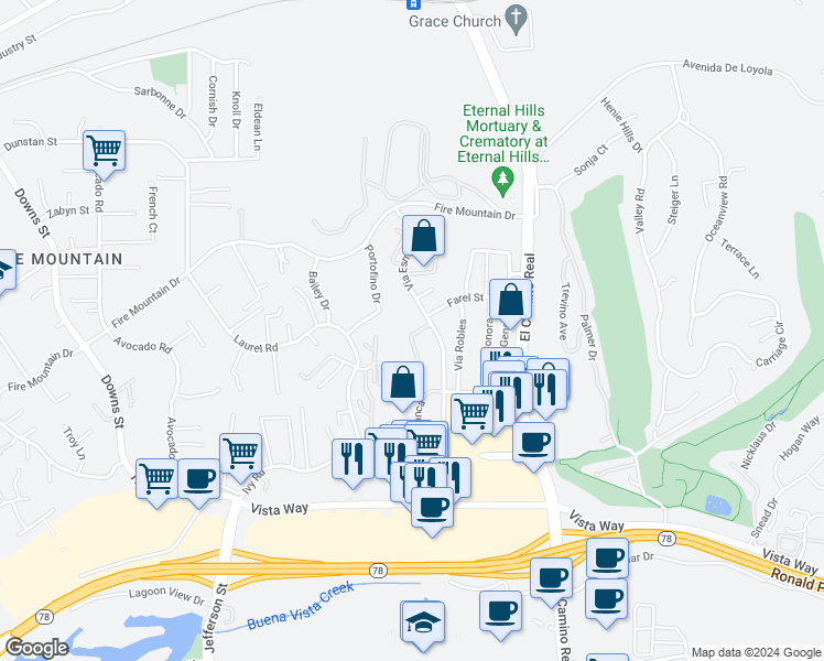 map of restaurants, bars, coffee shops, grocery stores, and more near 2132 Via Camino Verde in Oceanside