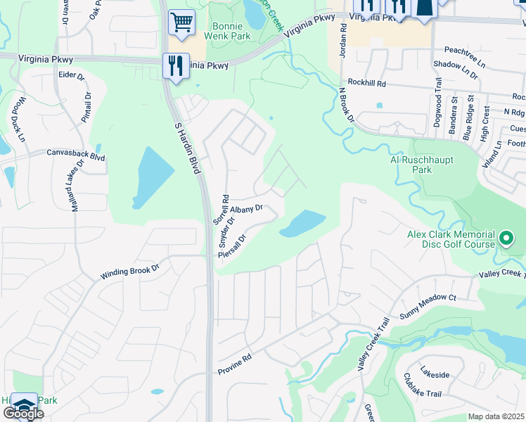 map of restaurants, bars, coffee shops, grocery stores, and more near 2705 Albany Drive in McKinney