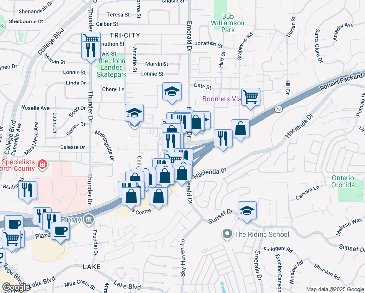 map of restaurants, bars, coffee shops, grocery stores, and more near 1845 West Vista Way in Vista