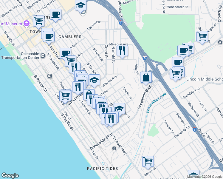 map of restaurants, bars, coffee shops, grocery stores, and more near 909 Leonard Avenue in Oceanside