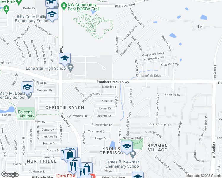 map of restaurants, bars, coffee shops, grocery stores, and more near 3167 Izabella Court in Frisco