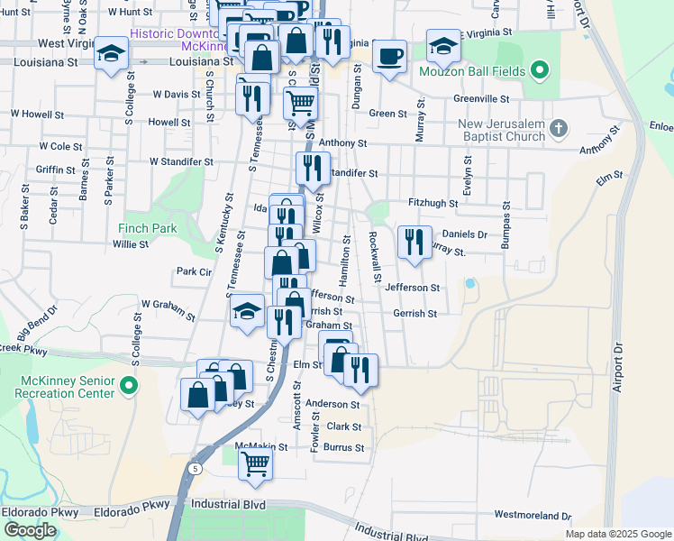 map of restaurants, bars, coffee shops, grocery stores, and more near 604 Colorado Street in McKinney