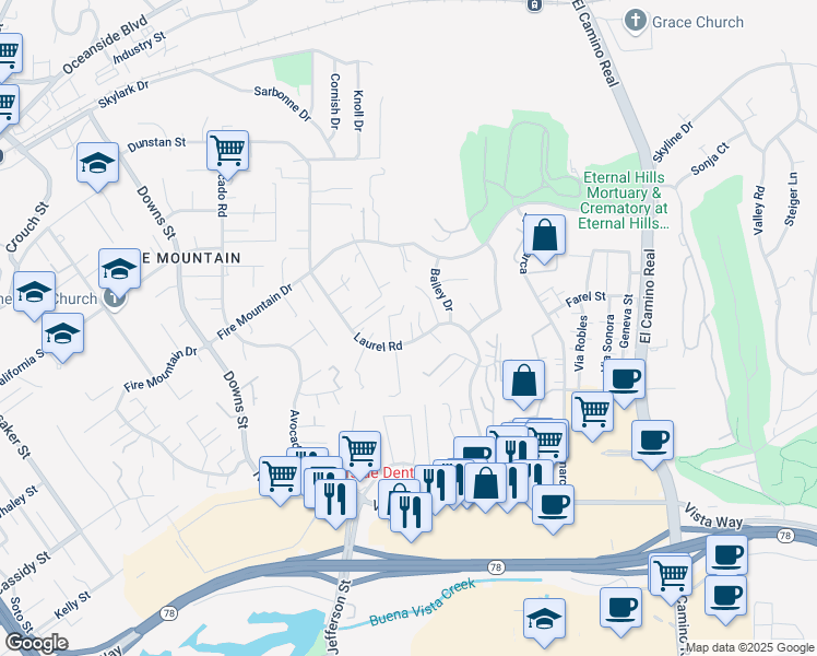 map of restaurants, bars, coffee shops, grocery stores, and more near 1874 Laurel Road in Oceanside
