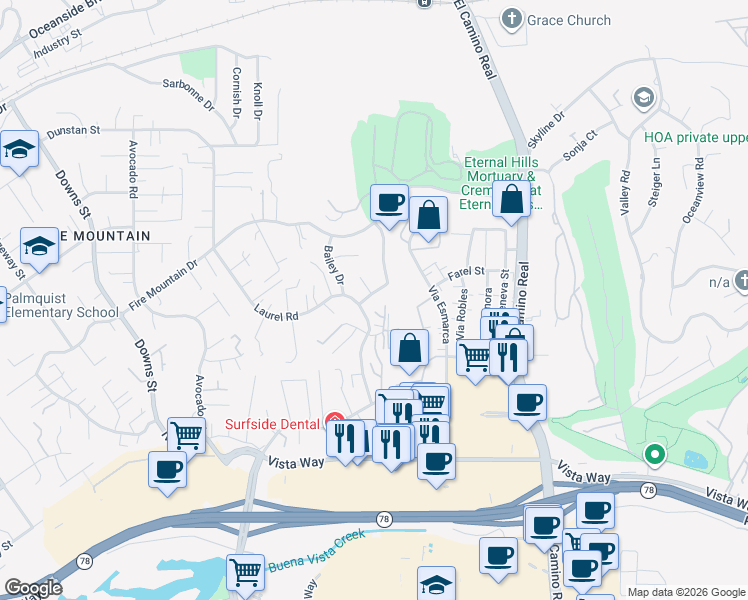 map of restaurants, bars, coffee shops, grocery stores, and more near 1872 Portofino Drive in Oceanside