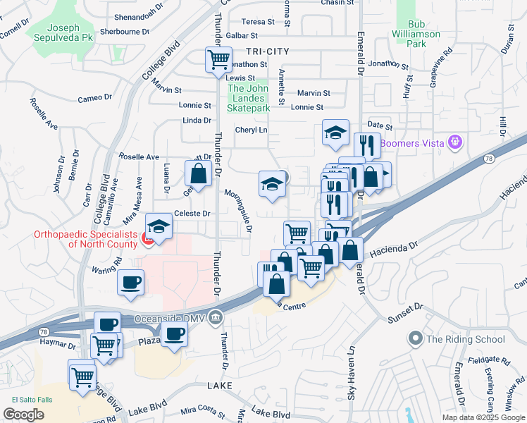 map of restaurants, bars, coffee shops, grocery stores, and more near 210 Cedar Road in Vista