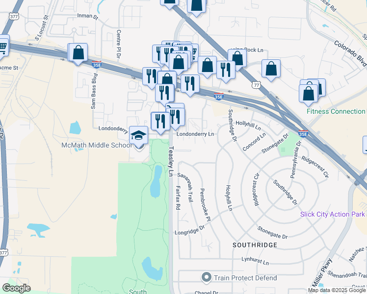 map of restaurants, bars, coffee shops, grocery stores, and more near 2001 Teasley Lane in Denton