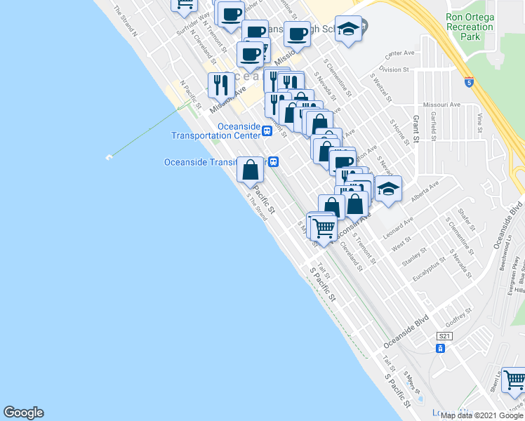 map of restaurants, bars, coffee shops, grocery stores, and more near 408 South The Strand in Oceanside