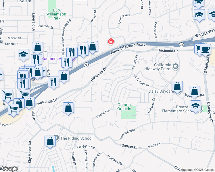 map of restaurants, bars, coffee shops, grocery stores, and more near 1242 Capistrano Lane in Vista
