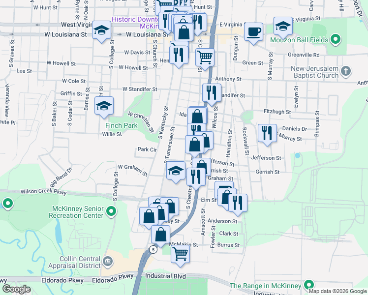 map of restaurants, bars, coffee shops, grocery stores, and more near 908 South Johnson Street in McKinney