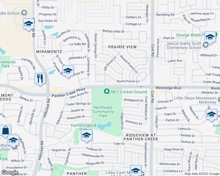 map of restaurants, bars, coffee shops, grocery stores, and more near 9445 Panther Creek Parkway in Frisco