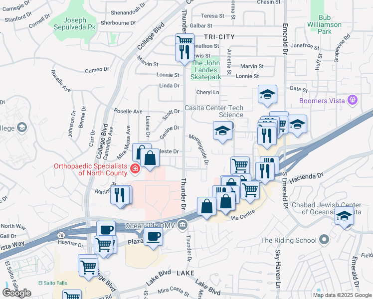 map of restaurants, bars, coffee shops, grocery stores, and more near 4102 Celeste Drive in Oceanside