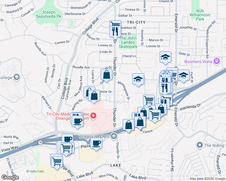 map of restaurants, bars, coffee shops, grocery stores, and more near 4102 Celeste Drive in Oceanside