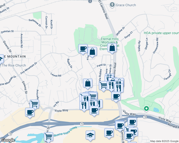 map of restaurants, bars, coffee shops, grocery stores, and more near 2132 Via Camino Verde in Oceanside