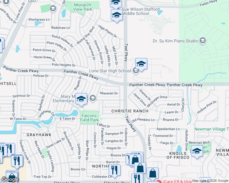 map of restaurants, bars, coffee shops, grocery stores, and more near 2346 Maserati Drive in Frisco