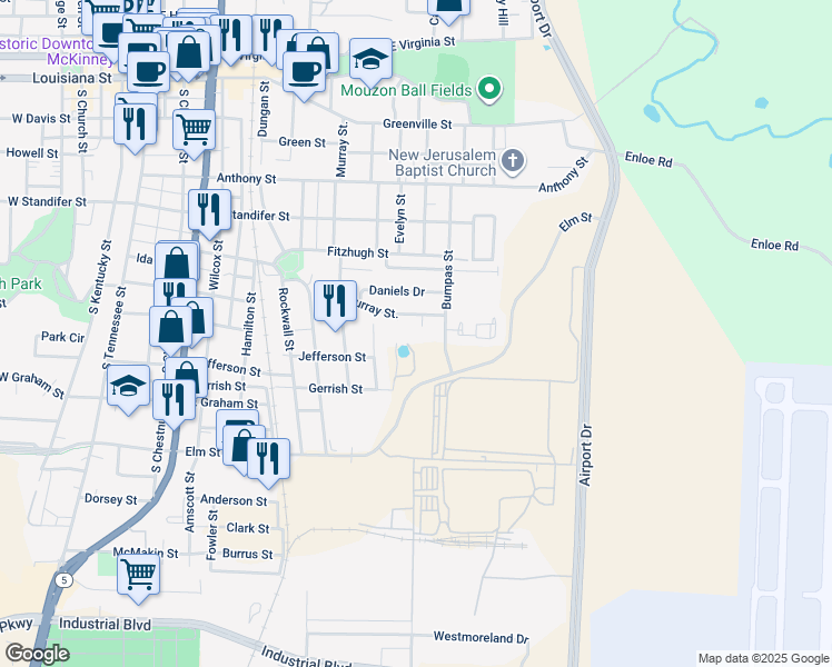 map of restaurants, bars, coffee shops, grocery stores, and more near 1024 Murray Court in McKinney