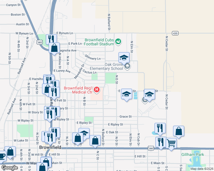 map of restaurants, bars, coffee shops, grocery stores, and more near 1004 North Ballard Street in Brownfield