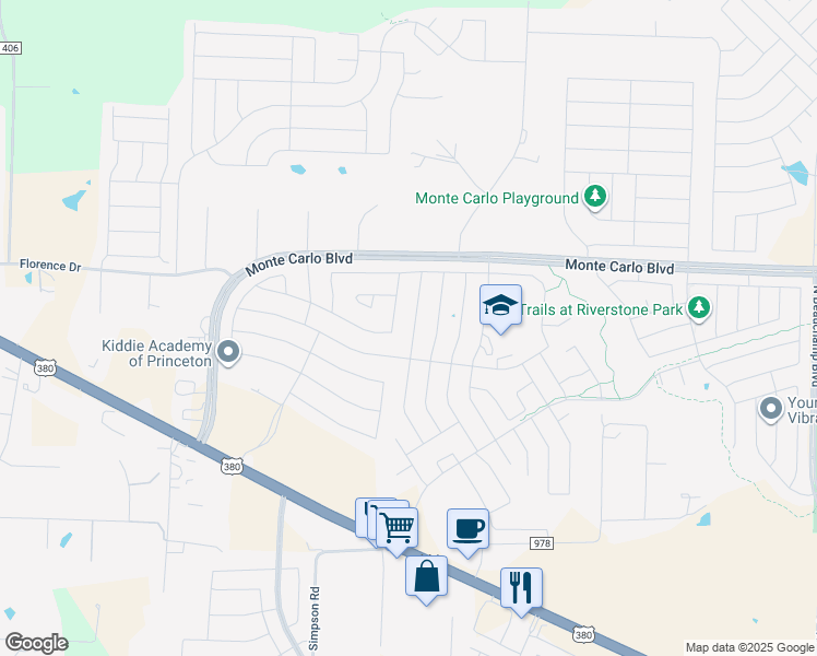 map of restaurants, bars, coffee shops, grocery stores, and more near 2112 Meadow Park Drive in Princeton
