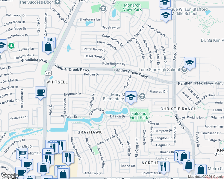 map of restaurants, bars, coffee shops, grocery stores, and more near 13275 Bavarian Drive in Frisco