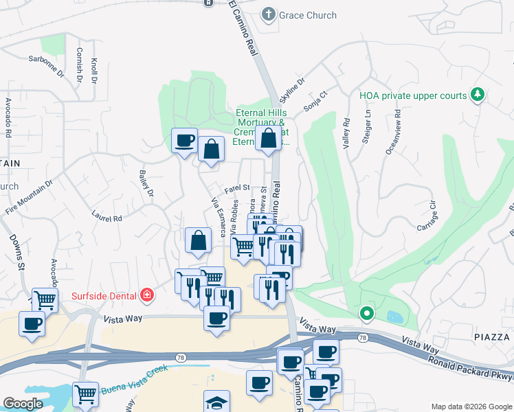 map of restaurants, bars, coffee shops, grocery stores, and more near 2128 Via Sonora in Oceanside