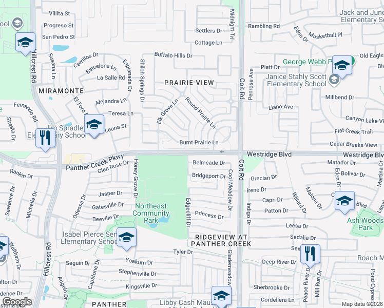 map of restaurants, bars, coffee shops, grocery stores, and more near 9629 Panther Creek Parkway in Frisco