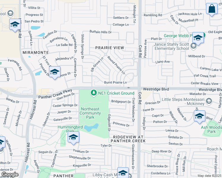 map of restaurants, bars, coffee shops, grocery stores, and more near 9625 Panther Creek Parkway in Frisco