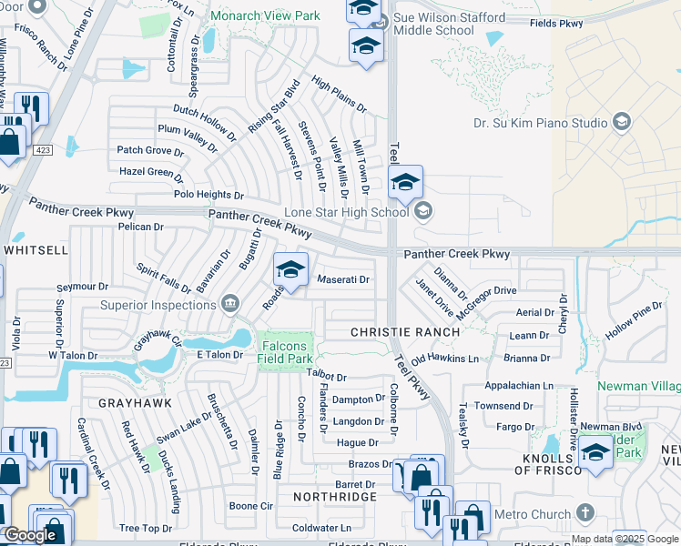 map of restaurants, bars, coffee shops, grocery stores, and more near 2266 Maserati Drive in Frisco