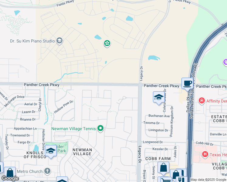 map of restaurants, bars, coffee shops, grocery stores, and more near 13372 Riverhill Road in Frisco