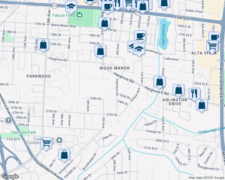 map of restaurants, bars, coffee shops, grocery stores, and more near 423 23rd Street in Tuscaloosa