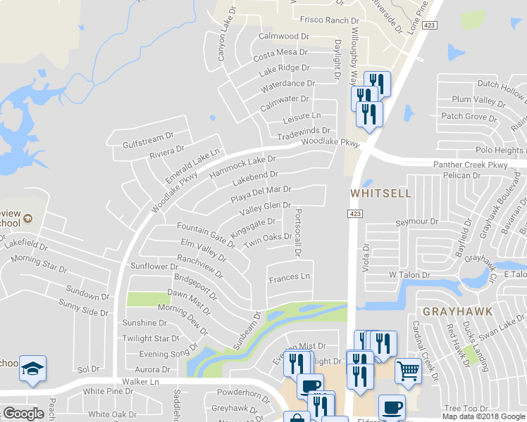 map of restaurants, bars, coffee shops, grocery stores, and more near 2452 Valley Glen Drive in Little Elm