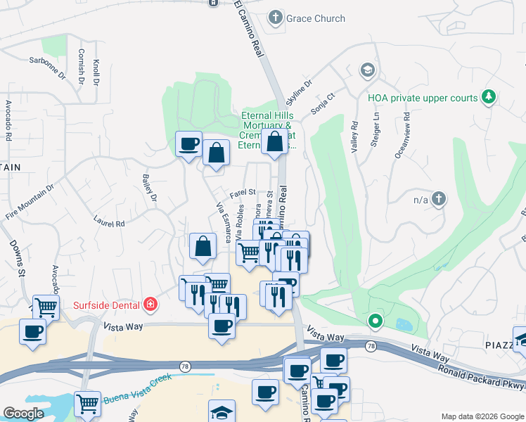 map of restaurants, bars, coffee shops, grocery stores, and more near 2128 Via Sonora in Oceanside