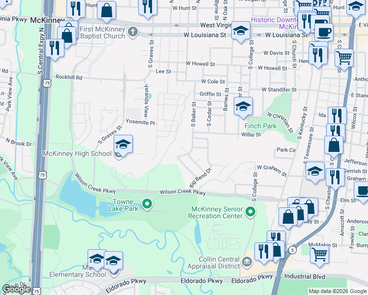 map of restaurants, bars, coffee shops, grocery stores, and more near 1390 Shaker Run in McKinney
