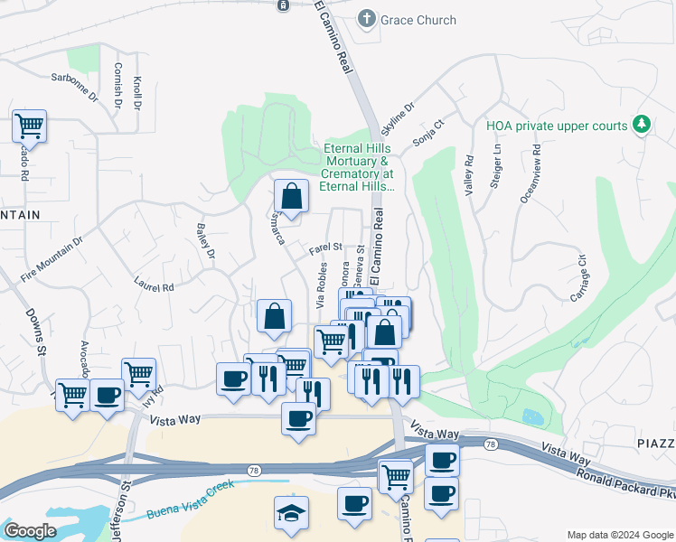 map of restaurants, bars, coffee shops, grocery stores, and more near 2125 Via Sonora in Oceanside