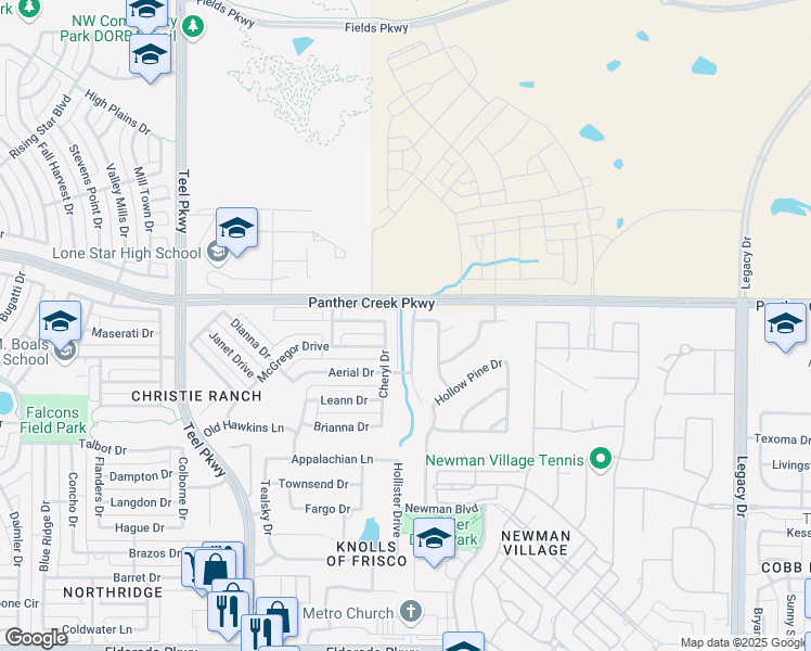 map of restaurants, bars, coffee shops, grocery stores, and more near 13391 Sprucewood Trail in Frisco