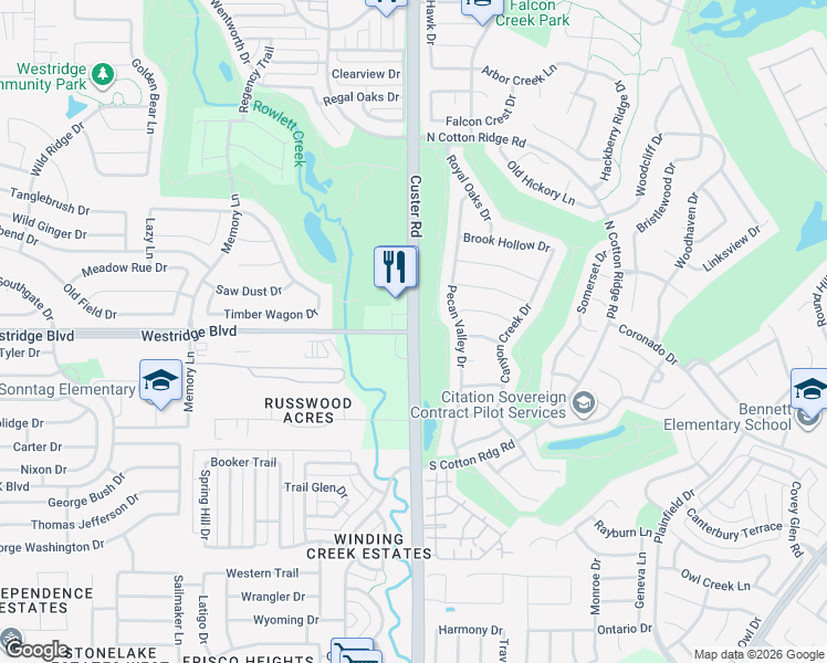 map of restaurants, bars, coffee shops, grocery stores, and more near Custer Rd & Westridge Blvd in McKinney