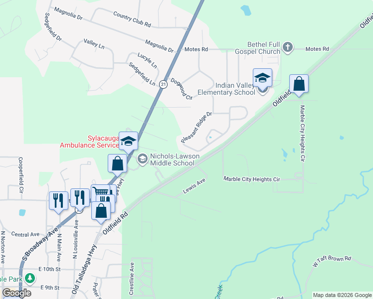 map of restaurants, bars, coffee shops, grocery stores, and more near 1821 Pleasant Ridge Drive in Sylacauga