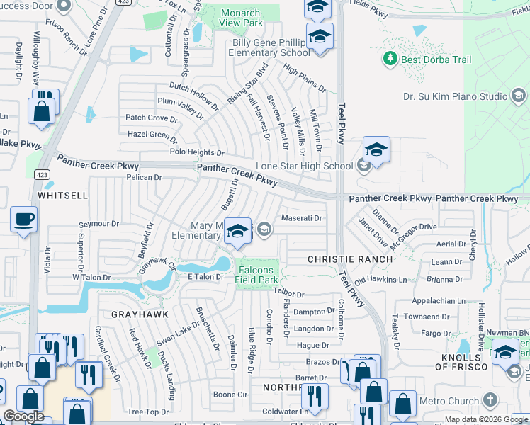 map of restaurants, bars, coffee shops, grocery stores, and more near 13314 Roadster Drive in Frisco