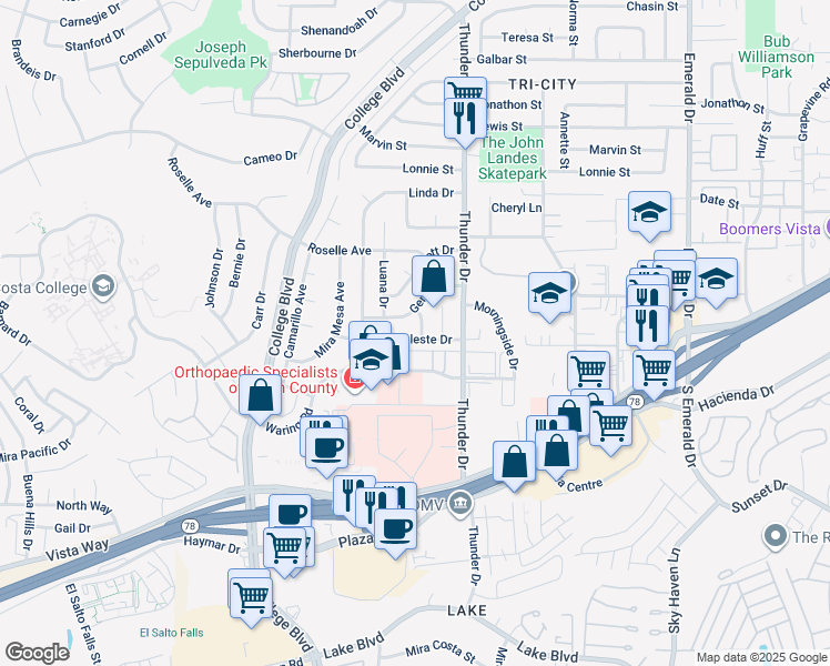 map of restaurants, bars, coffee shops, grocery stores, and more near 3129 Glenn Road in Oceanside