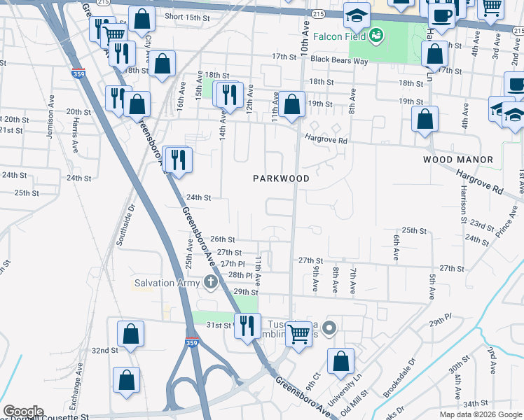 map of restaurants, bars, coffee shops, grocery stores, and more near 10 Parkwood in Tuscaloosa