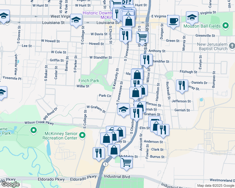 map of restaurants, bars, coffee shops, grocery stores, and more near 910 South Tennessee Street in McKinney