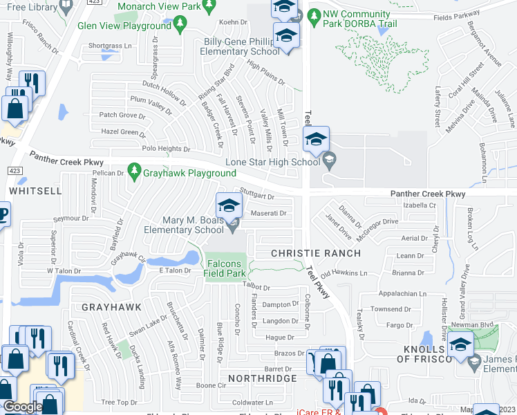 map of restaurants, bars, coffee shops, grocery stores, and more near 2218 Maserati Drive in Frisco
