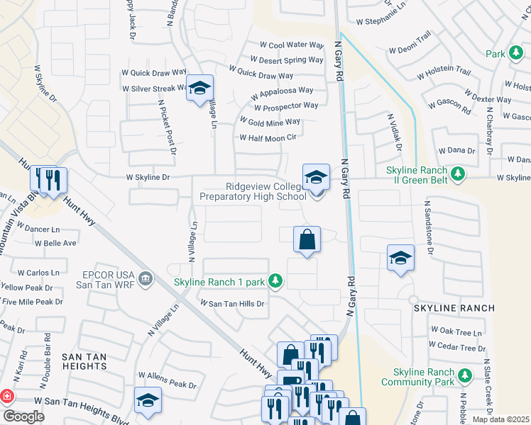 map of restaurants, bars, coffee shops, grocery stores, and more near 34121 North Clark Street in Queen Creek