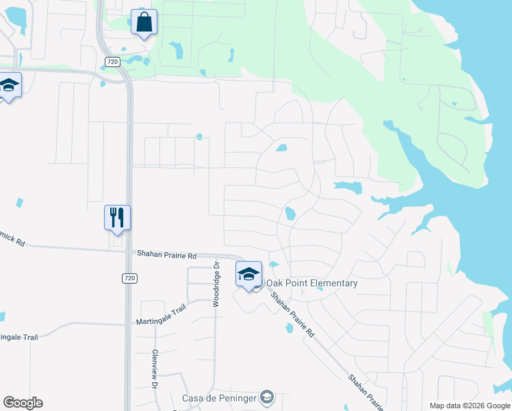 map of restaurants, bars, coffee shops, grocery stores, and more near 9512 Leisure Pace Lane in Oak Point