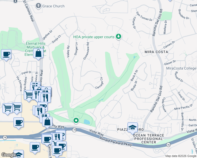 map of restaurants, bars, coffee shops, grocery stores, and more near 2401 Carriage Circle in Oceanside