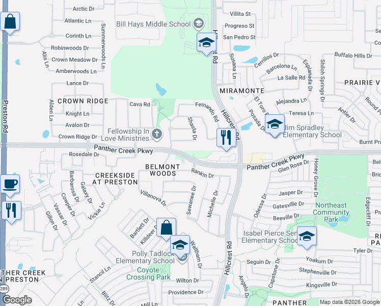map of restaurants, bars, coffee shops, grocery stores, and more near 10678 County Road 23 in Frisco