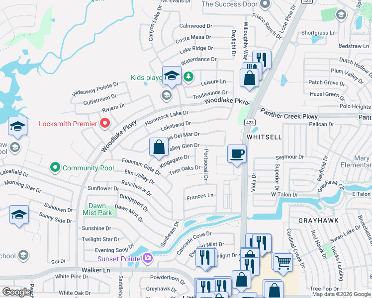 map of restaurants, bars, coffee shops, grocery stores, and more near 2452 Valley Glen Drive in Little Elm